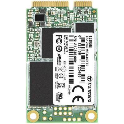 Transcend 128GB mSATA SSD minneskort med olika tekniska data och certifieringslogotyper.