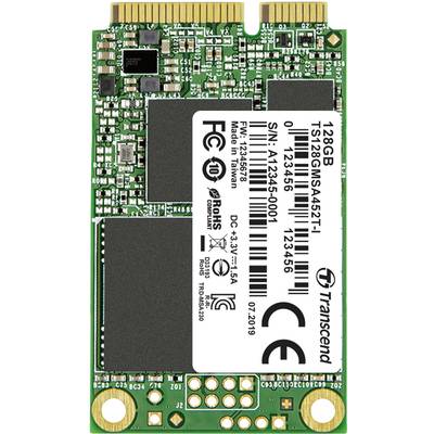 SSD-kort på 128 GB från Transcend. Etiketten visar serienummer, tillverkningsår 2019, strömspänning. Format: mSATA.