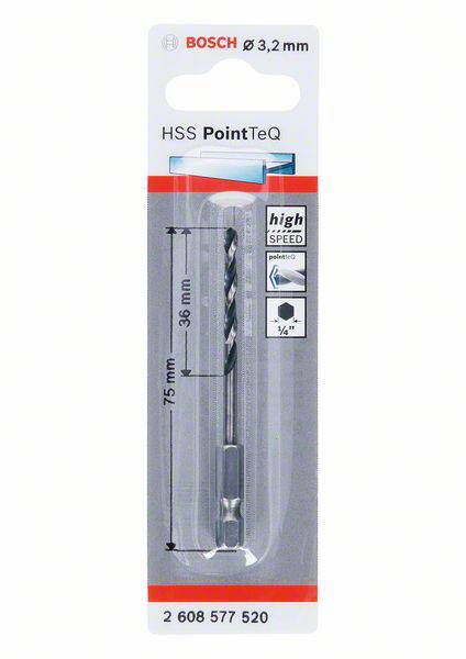 Bosch borr, 3,2 mm, 'HSS PointTeQ', förpackad, lämplig för metallarbeten, längd 75 mm, arbetslängd 38 mm, artikelnummer: 2 608 577 520.