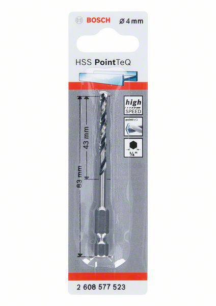 'Borr från Bosch, HSS PointTeQ, 4 mm diameter, 83 mm längd. Förpackningen visar mått och lämpligt material för snabb borrning.'