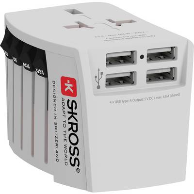 Reseadapter med fyra USB-portar och internationella eluttag, lämplig för olika länder. Märke: SKROSS.