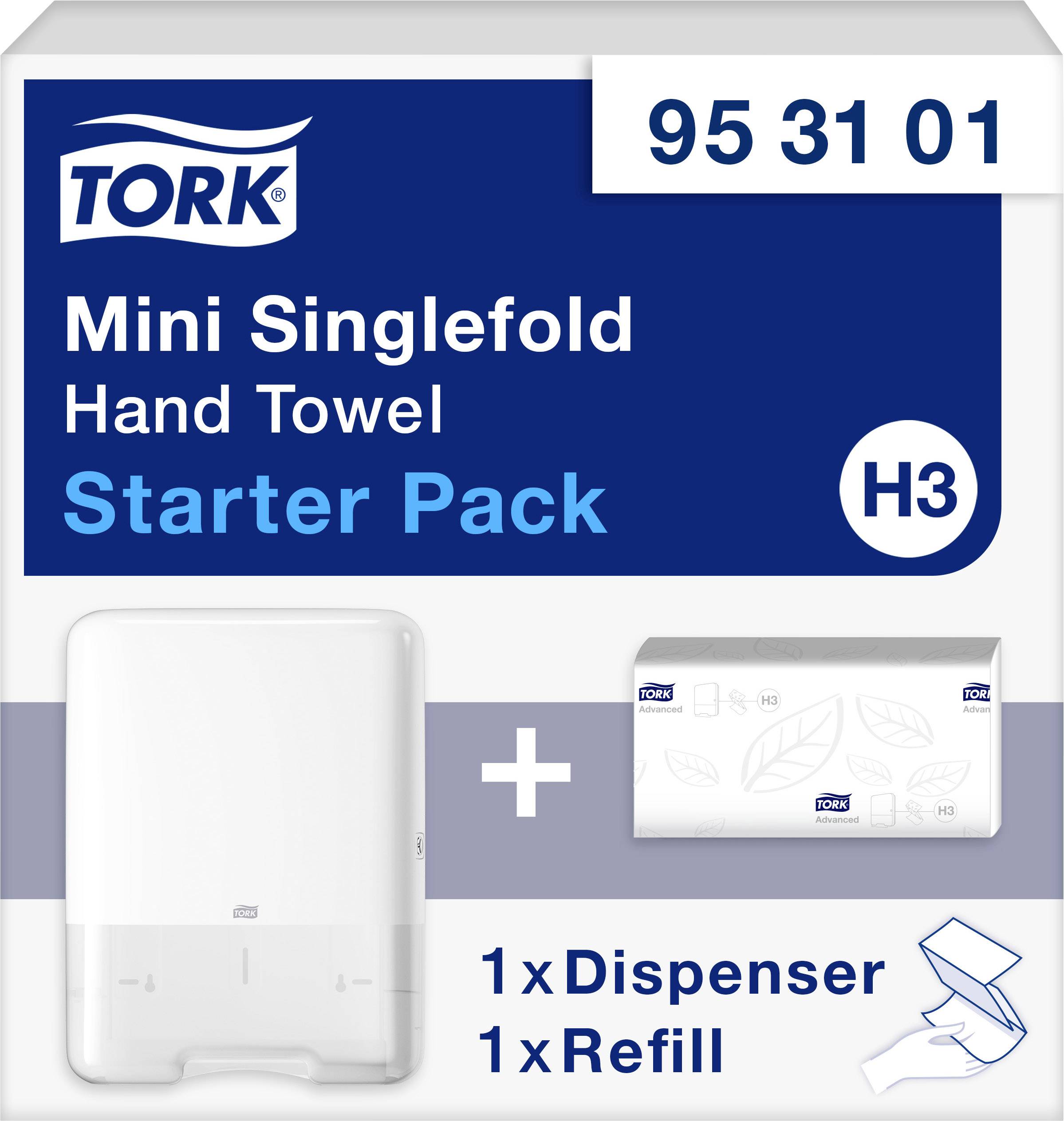 Startpaket med en Tork 'Mini Singlefold Hand Towel' dispenser och påfyllning. Innehåller 1 dispenser och 1 påfyllningsförpackning.