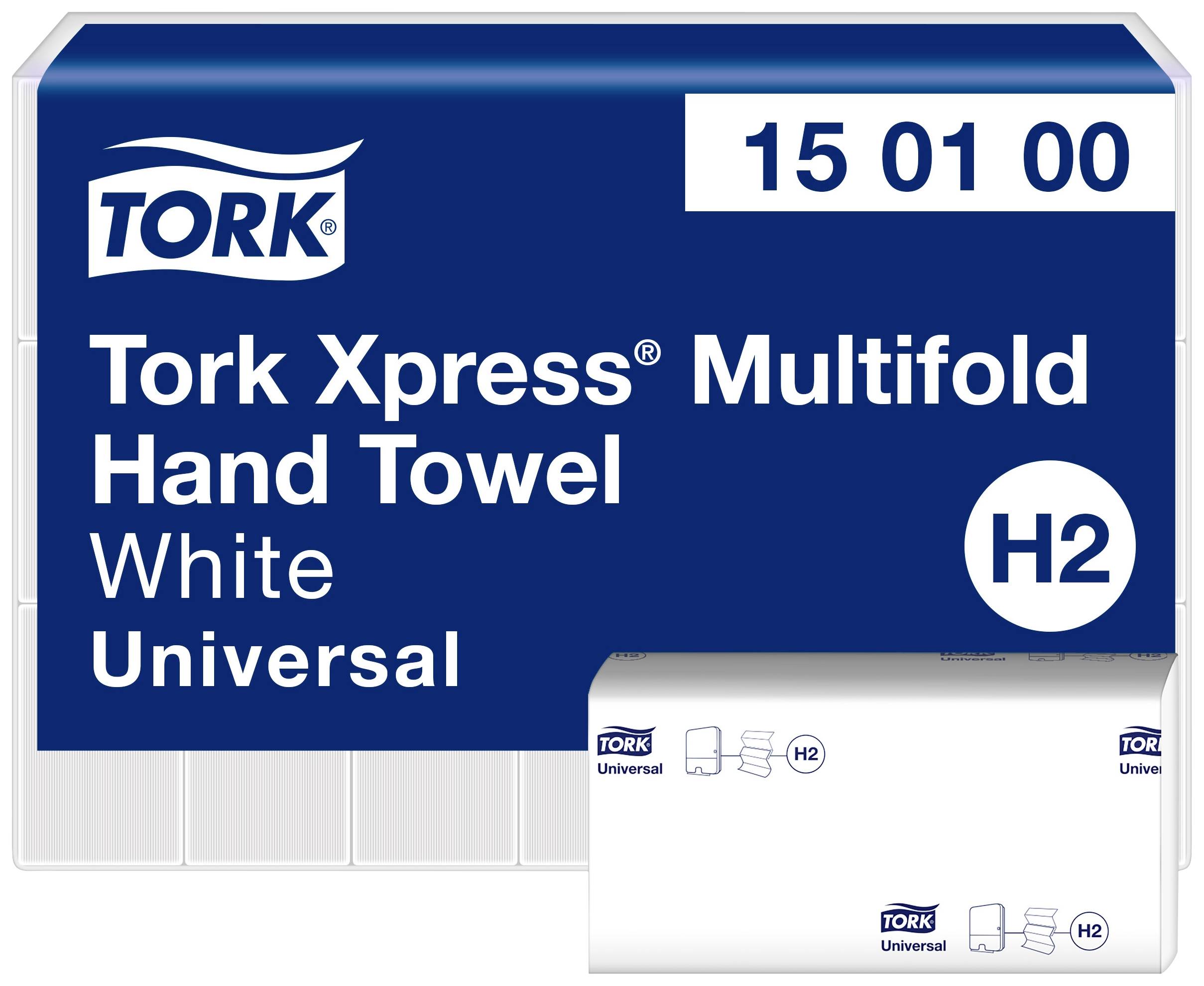 'Tork Xpress Multifold Handduk Vit Universal, Modellnummer 15 01 00, H2 Kompatibilitet, avbildad på förpackningen.'