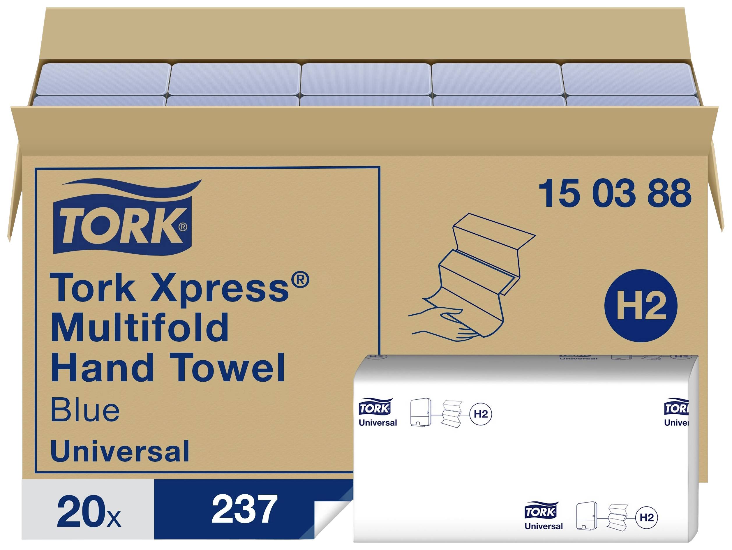 En kartong med 'Tork Xpress Multifold Hand Towel Blue Universal'. 20 förpackningar med vardera 237 blå, vikta handdukar.