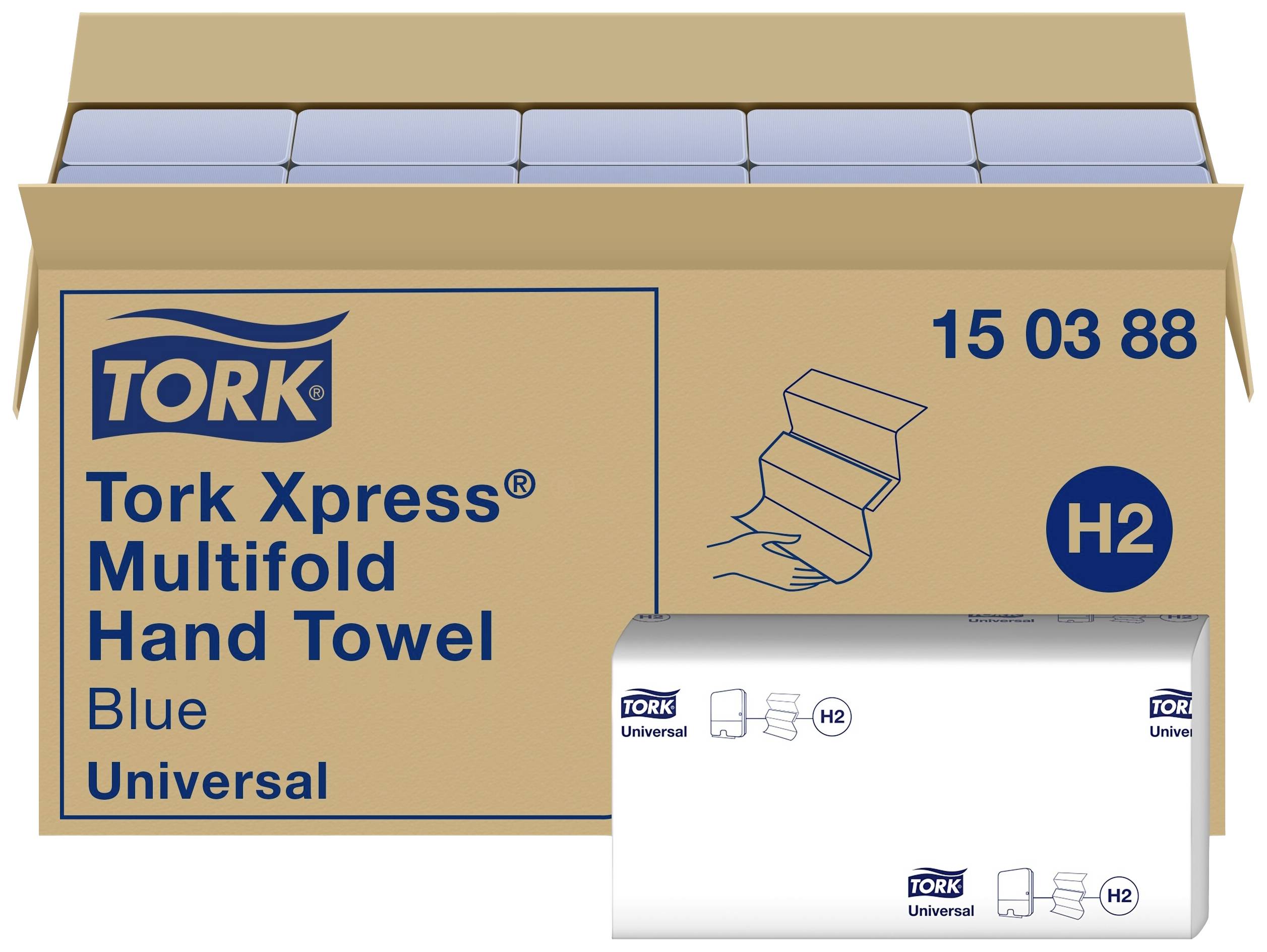 En kartong med blå Tork Xpress® Multifold handdukar, H2-system, artikelnummer 15 03 88. Förpackning och pappersillustration synlig.
