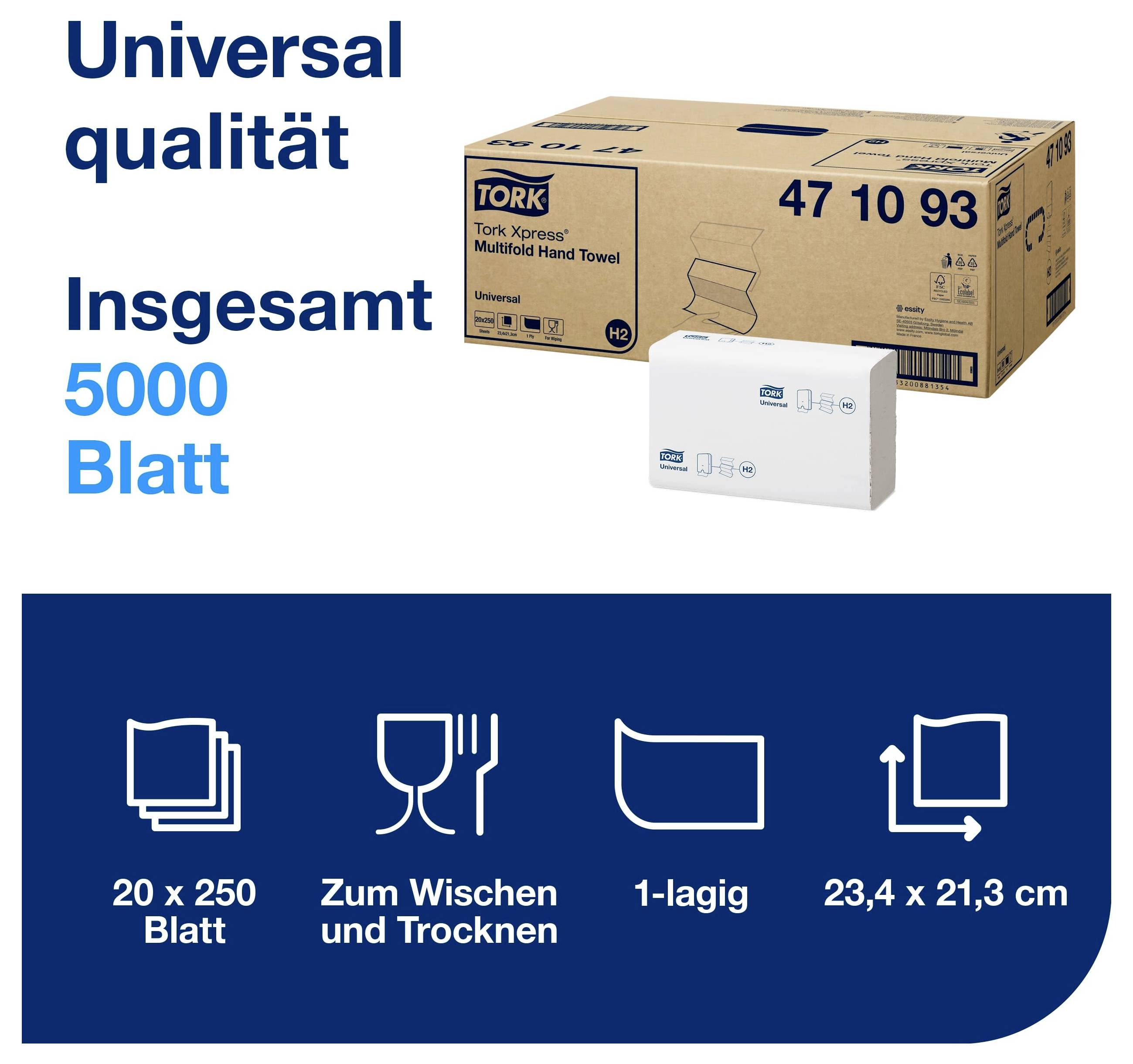 Annonsering för Tork Xpress Multifold-pappershanddukar: Universalkvalitet, totalt 5000 blad, 20 x 250 blad, 1-skiktig, 23,4 x 21,3 cm, för tvätt och torkning.