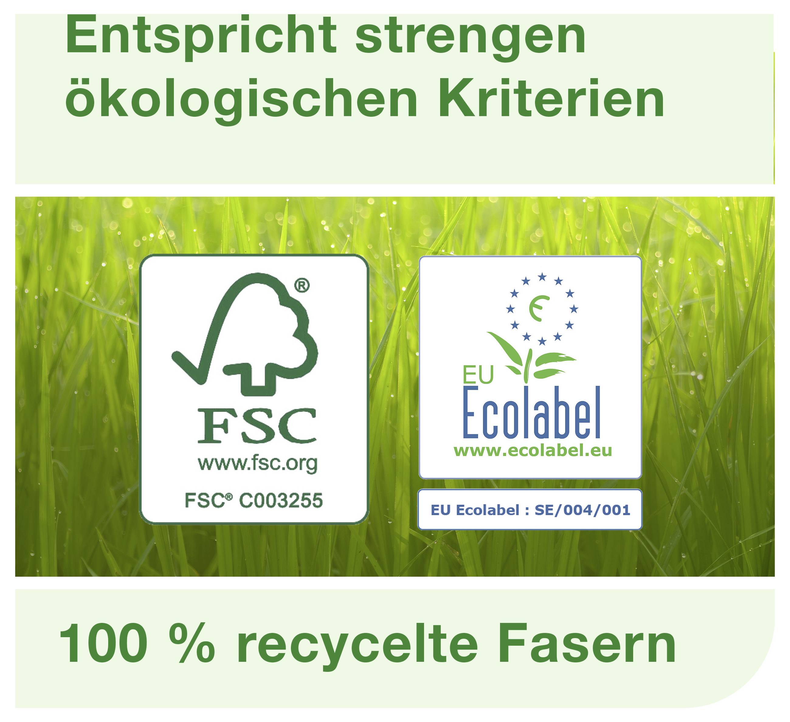 Grafik med FSC- och EU-Ecolabel-märken; överst 'Motsvarar strikta ekologiska kriterier', nederst '100 % återvunna fibrer'.