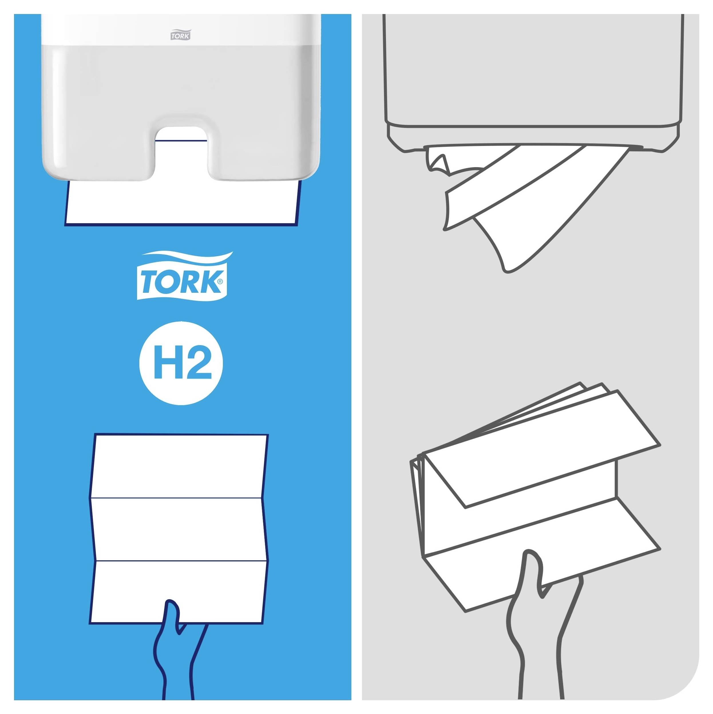 Instruktion för uttag av pappershanddukar: Tork H2-dispensern och vikta handdukar visas, med illustration av korrekt insättning och uttag.