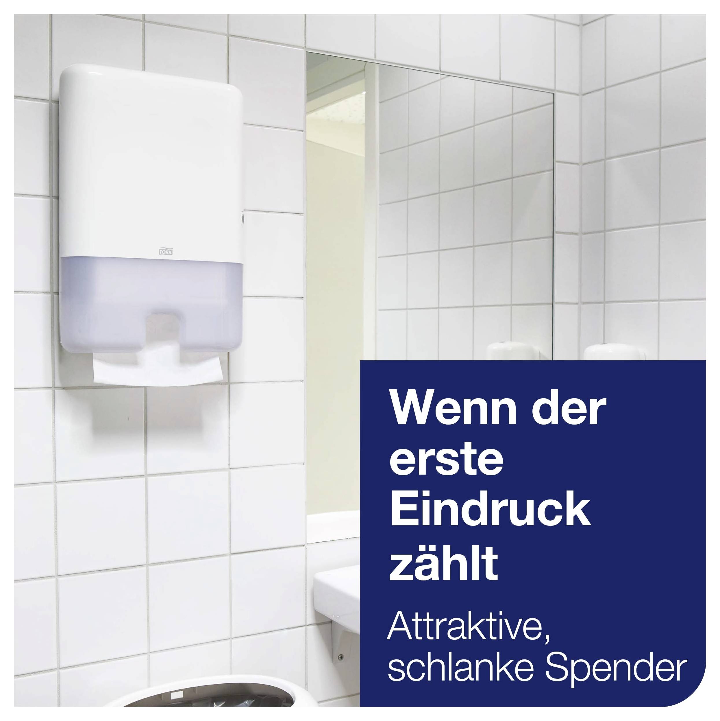 Reklam för en smal pappershandduksdispenser i badrummet, med texten "När första intrycket räknas" och "Attraktiva, slanka dispensrar".