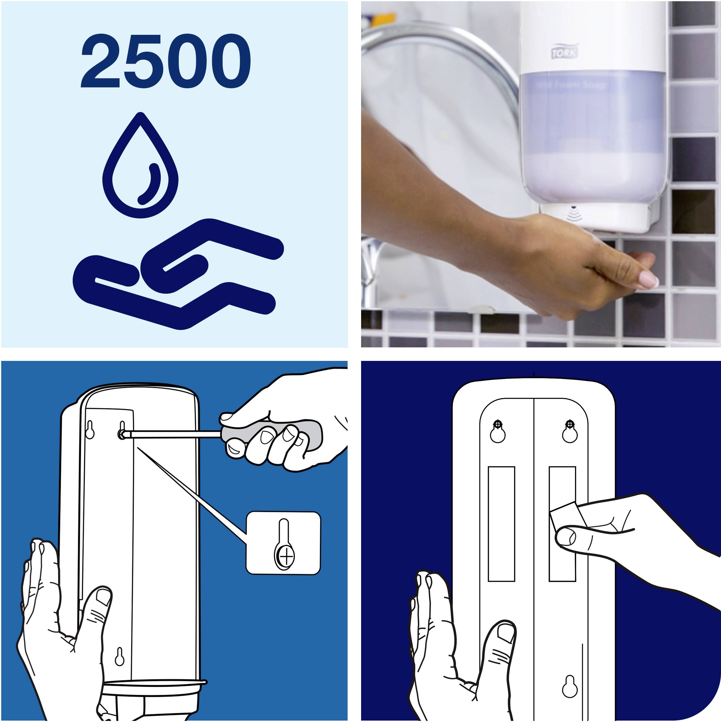 '2500 droppar' över en symbol av en hand med droppar. Uppe till höger: Hand som betjänar en tvålbehållare. Nere: Monteringsanvisning för behållaren.