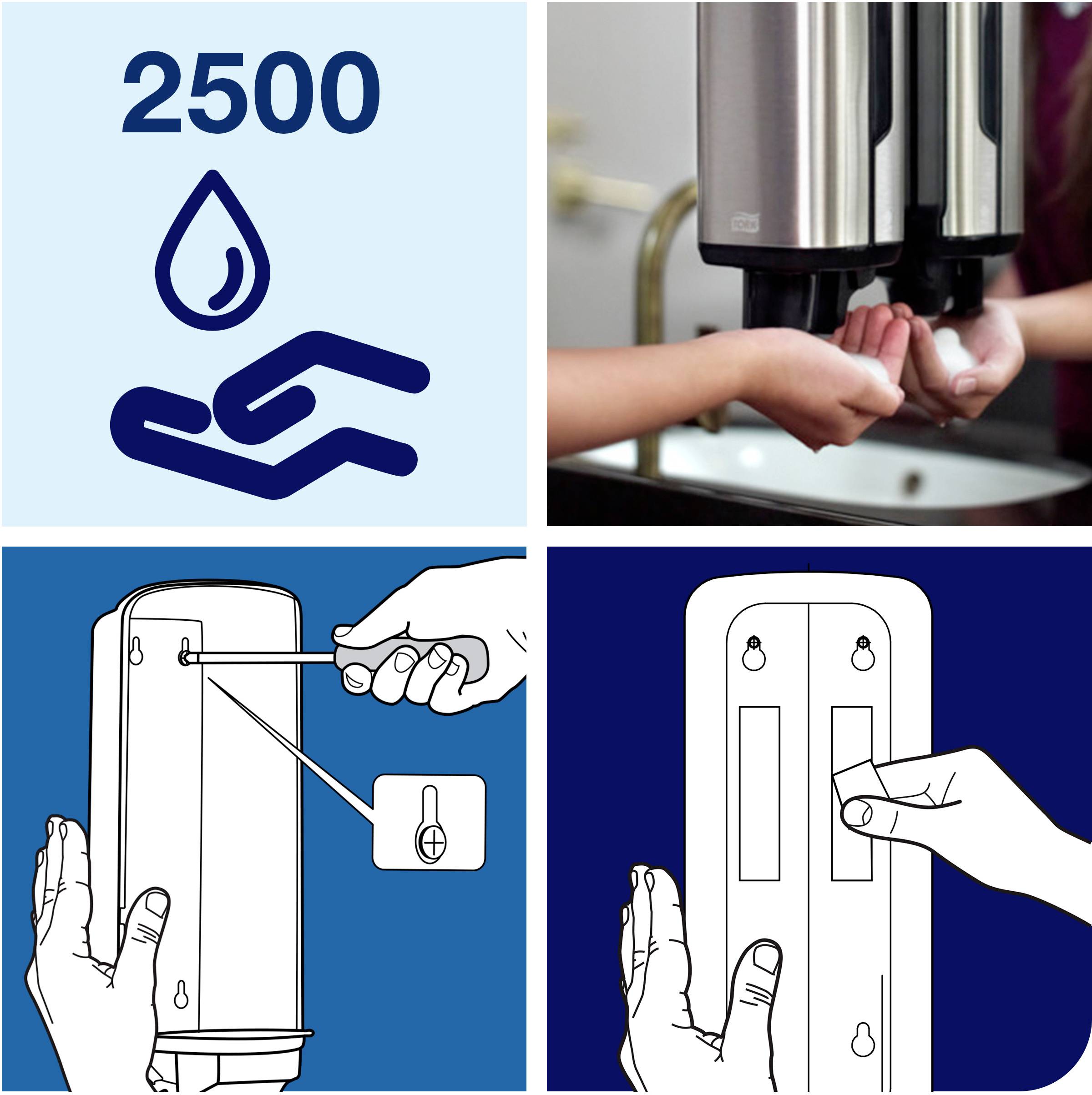Uppe till vänster: Symbol för handtvätt med '2500'. Uppe till höger: Handtvätt med tvåldispenser. Nere: Hand visar installation av en dispenser.