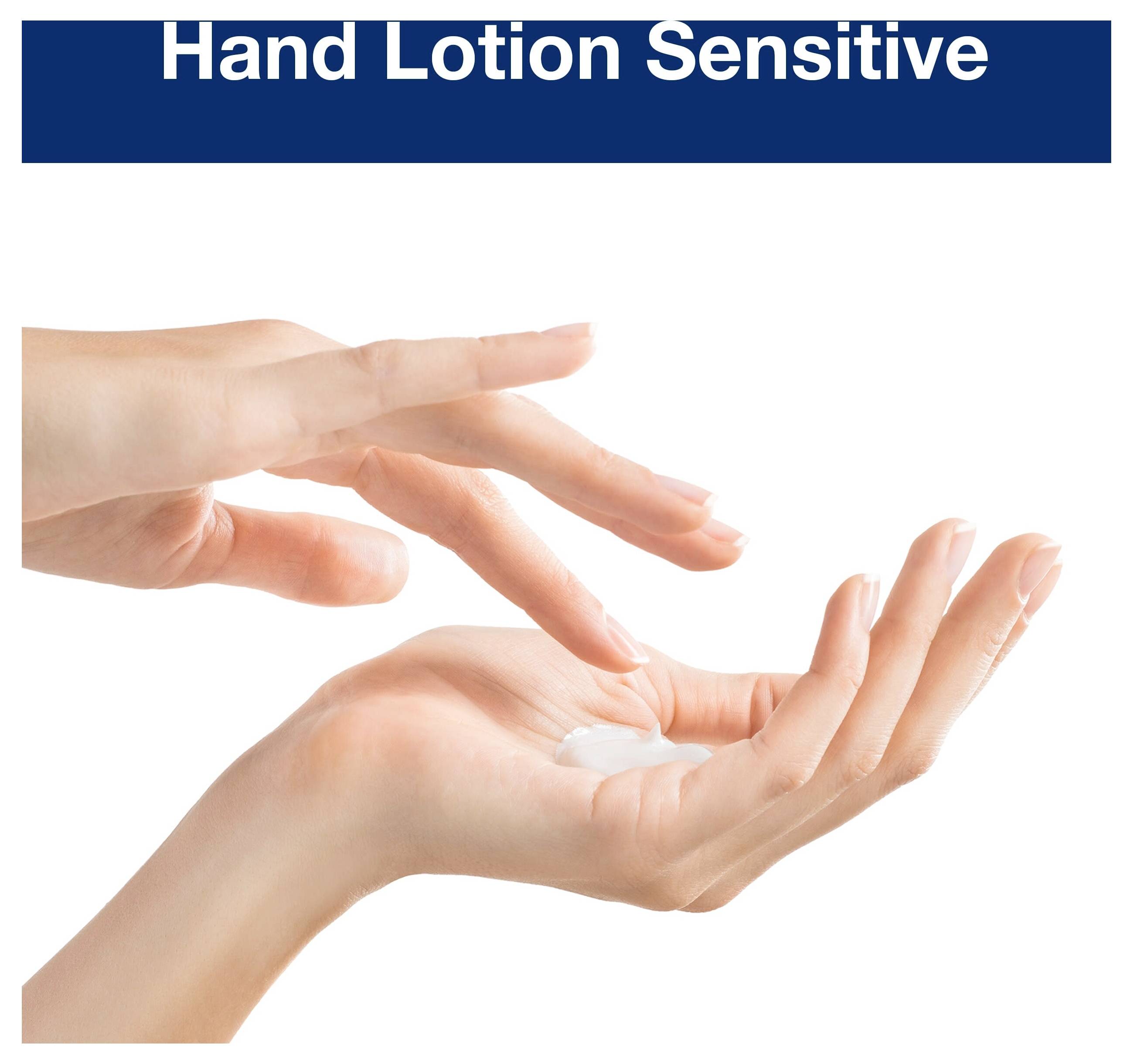 Händer applicerar lotion; texten "Hand Lotion Sensitive" indikerar en handkräm lämplig för känslig hud.