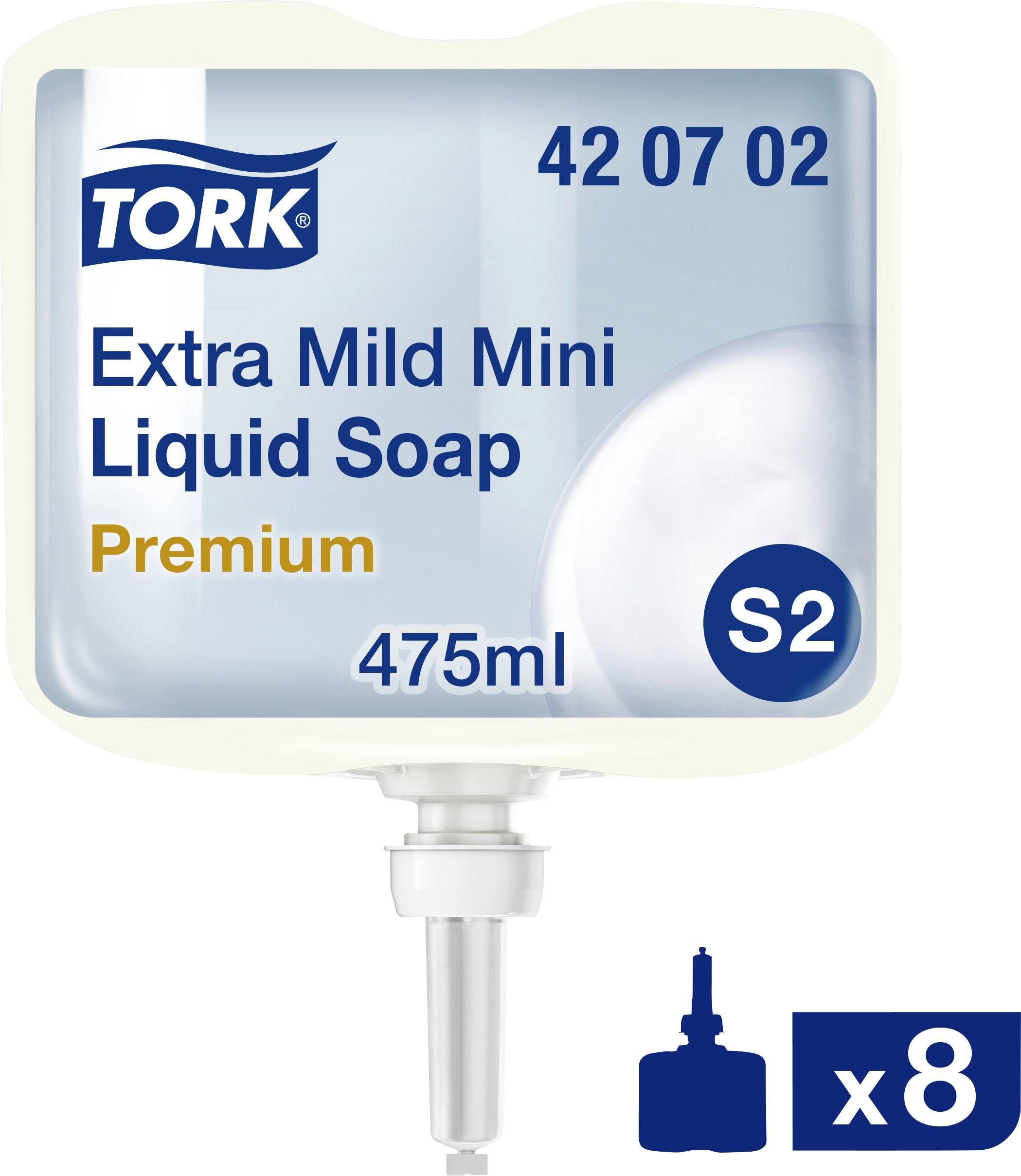 Refillförpackning för tvålbehållare 'Tork Extra Mild Mini Liquid Soap Premium'. Innehåll: 475 ml. Förpackningsenhet: 8 stycken.