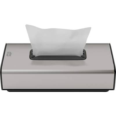 En rostfri förvaringsdispenser med ett utmärkande vitt tyg i mitten, placerad på en slät yta.