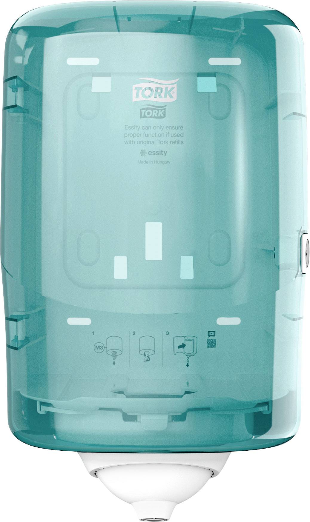 En väggmonterad, transparent grön pappershandduksdispenser. Text på ovansidan visar varumärke och modell. Avsedd för offentliga toaletter.