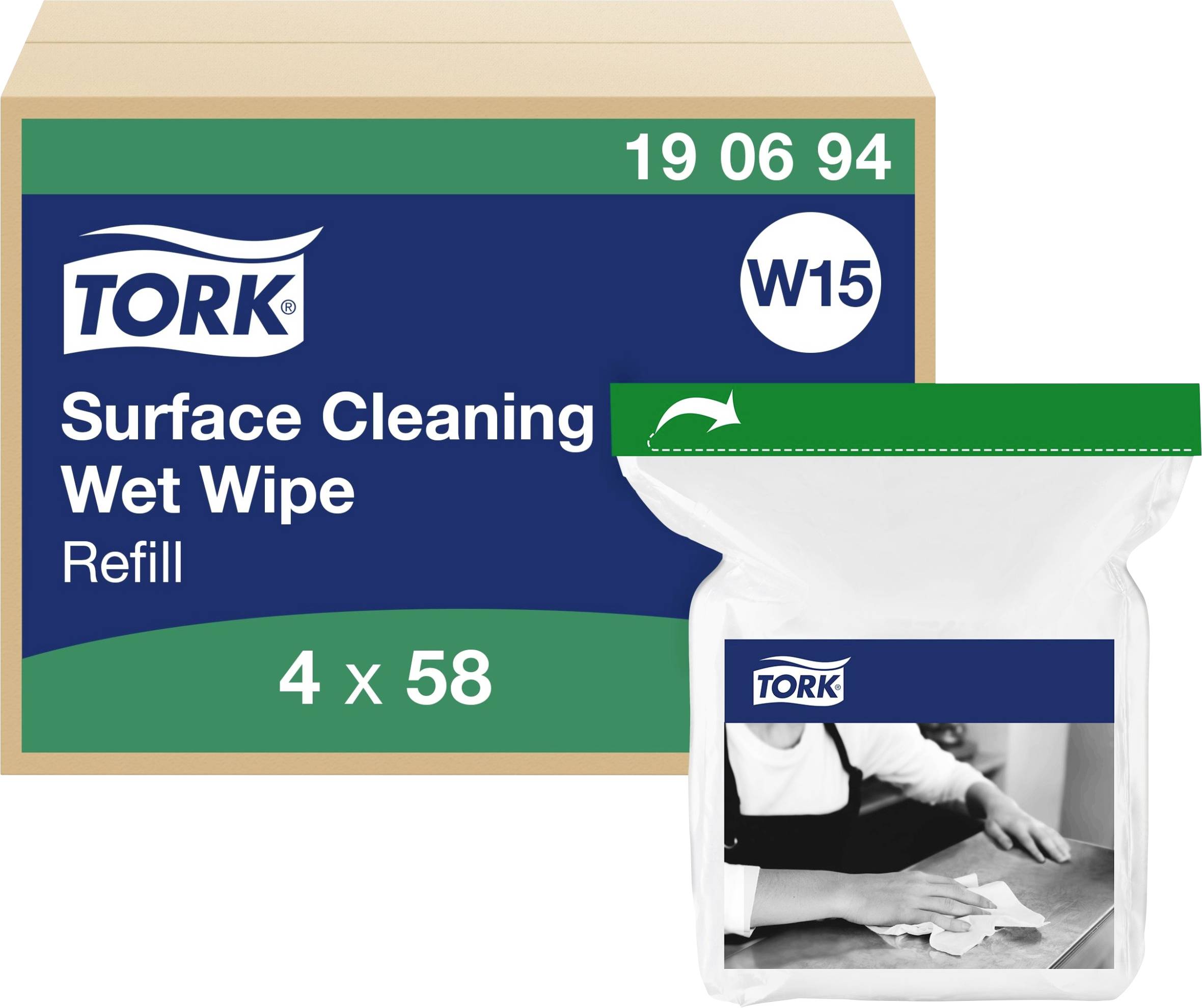 Kartong med texten 'Tork Surface Cleaning Wet Wipe Refill', bredvid en påfyllningsförpackning med rengöringsdukar, två händer rengör ett bord.