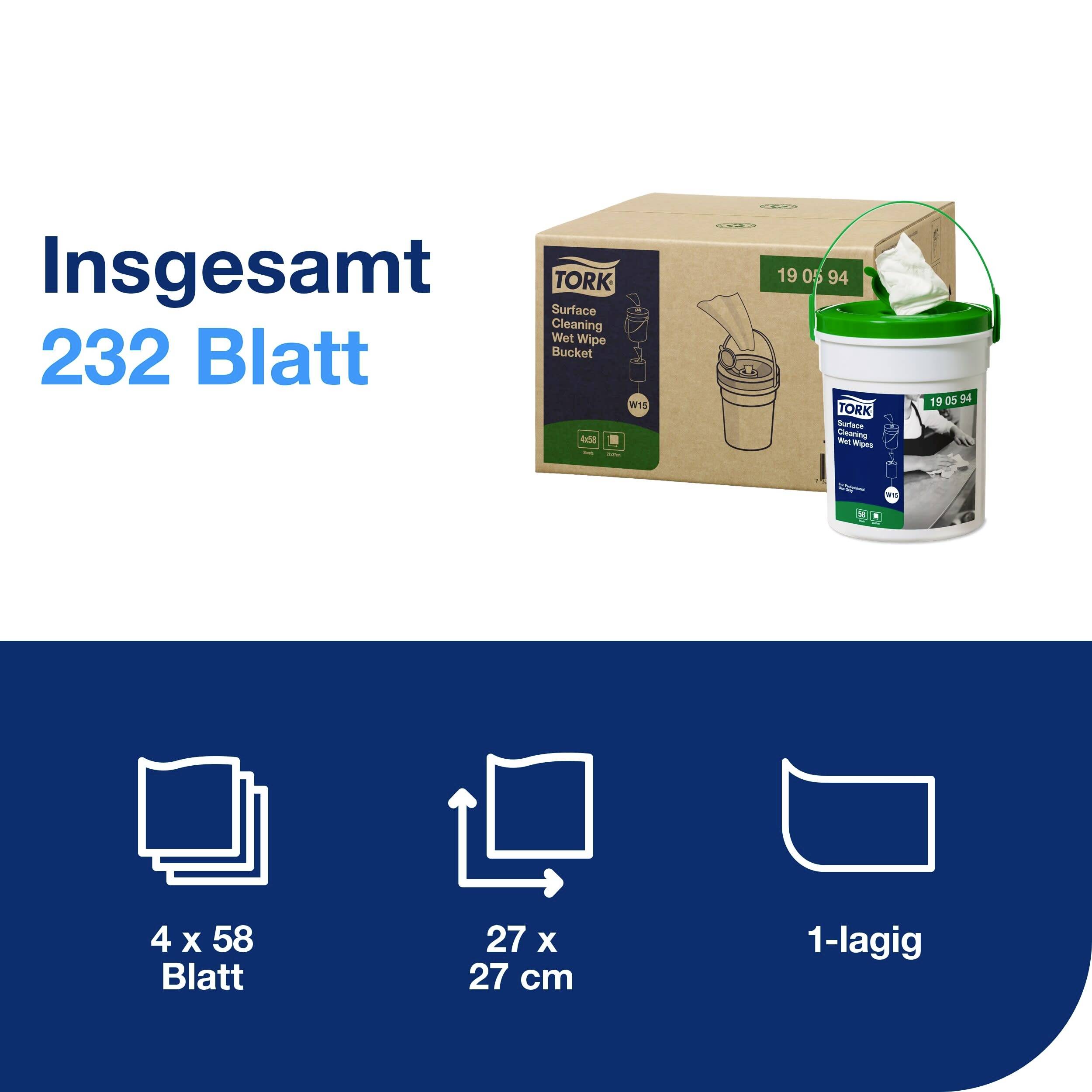 Produktbild av en Tork-trasa/servett-hink med kartongförpackning. Text på förpackningen: "Totalt 232 ark", 4 förpackningar, 27 x 27 cm, 1-skiktad.