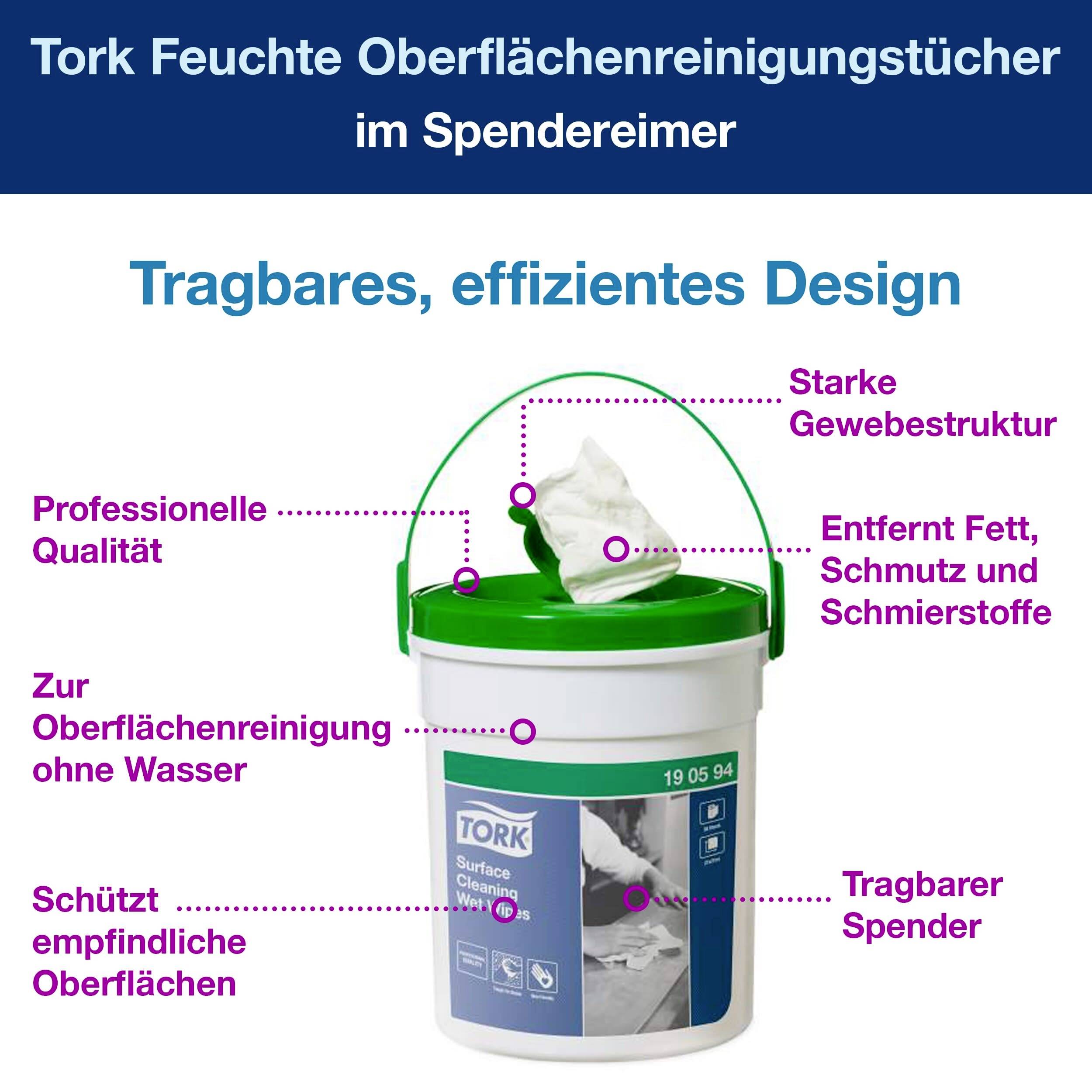 En hink Tork våtservetter med grönt handtag. Text: 'Bärbart, effektivt design', 'Skyddar känsliga ytor', 'Stark tygstruktur'.