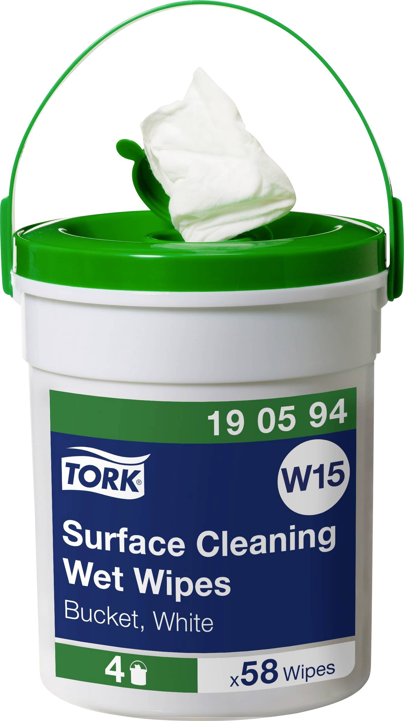 En hink Tork våtservetter för ytdesinfektion, vit. Innehåller 58 servetter. Produktkod: 19 05 94, W15.