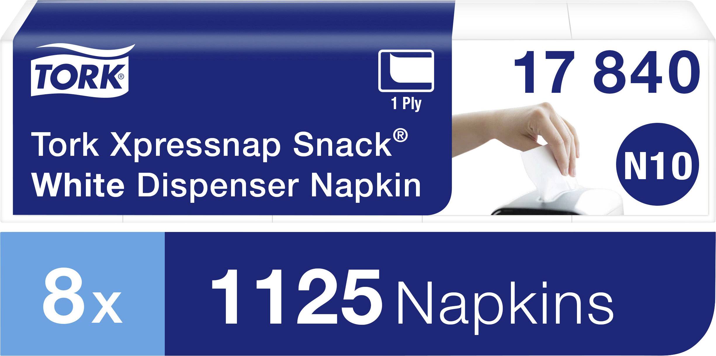 '8x 1125 Servetter' med en hand som tar en servett ur en Tork Xpressnap Snack White-dispenser.