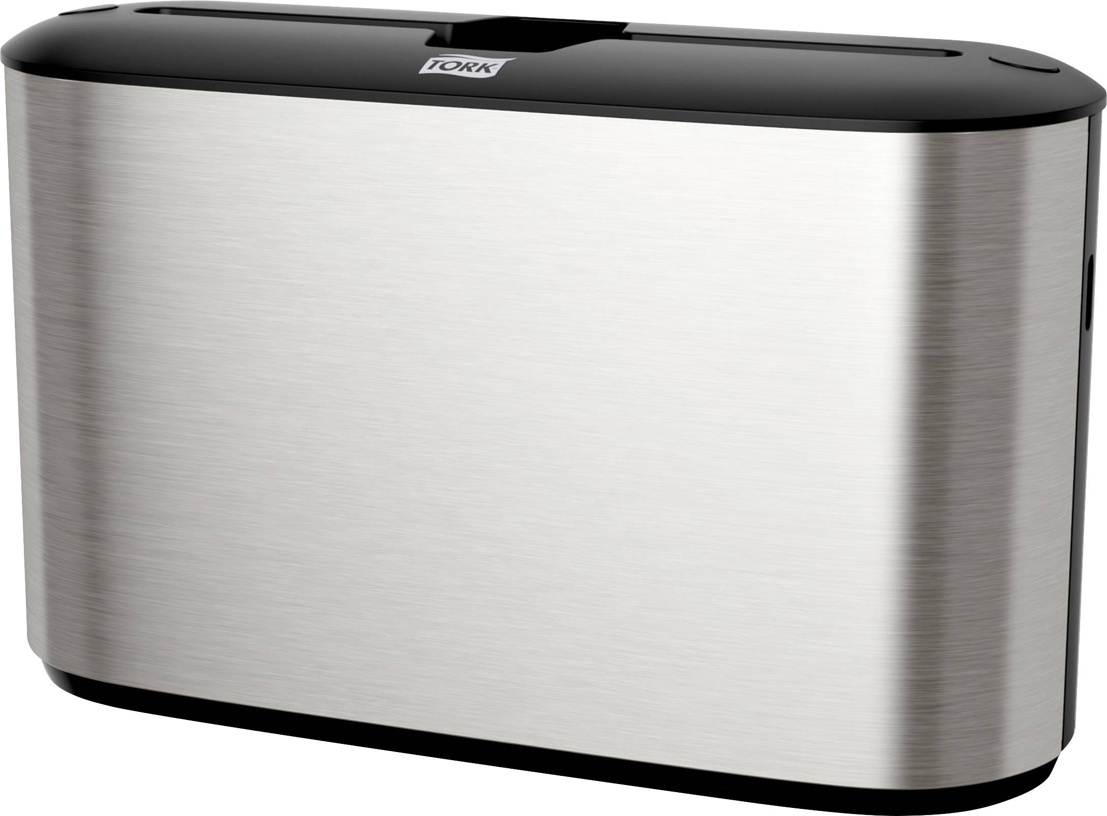 En silverfärgad pappershandduksdispenser i metall med en svart övre kant, lämplig för kommersiella sanitära utrymmen.