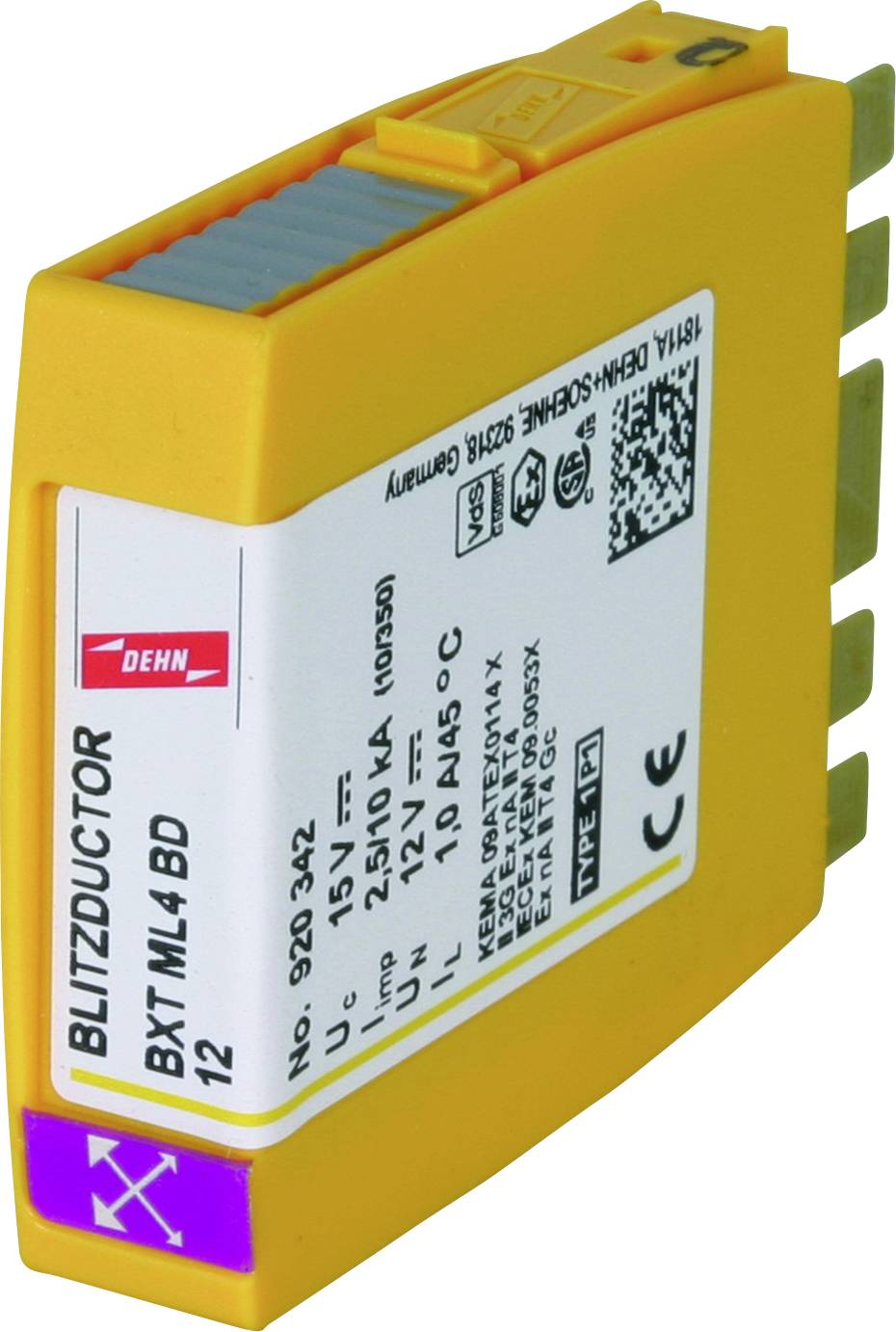 Gul åskskyddsapparat från DEHN med beteckningen 'BLITZDUCTOR BXT ML4 BD', märkspänning 12 V, lämplig för installationer.