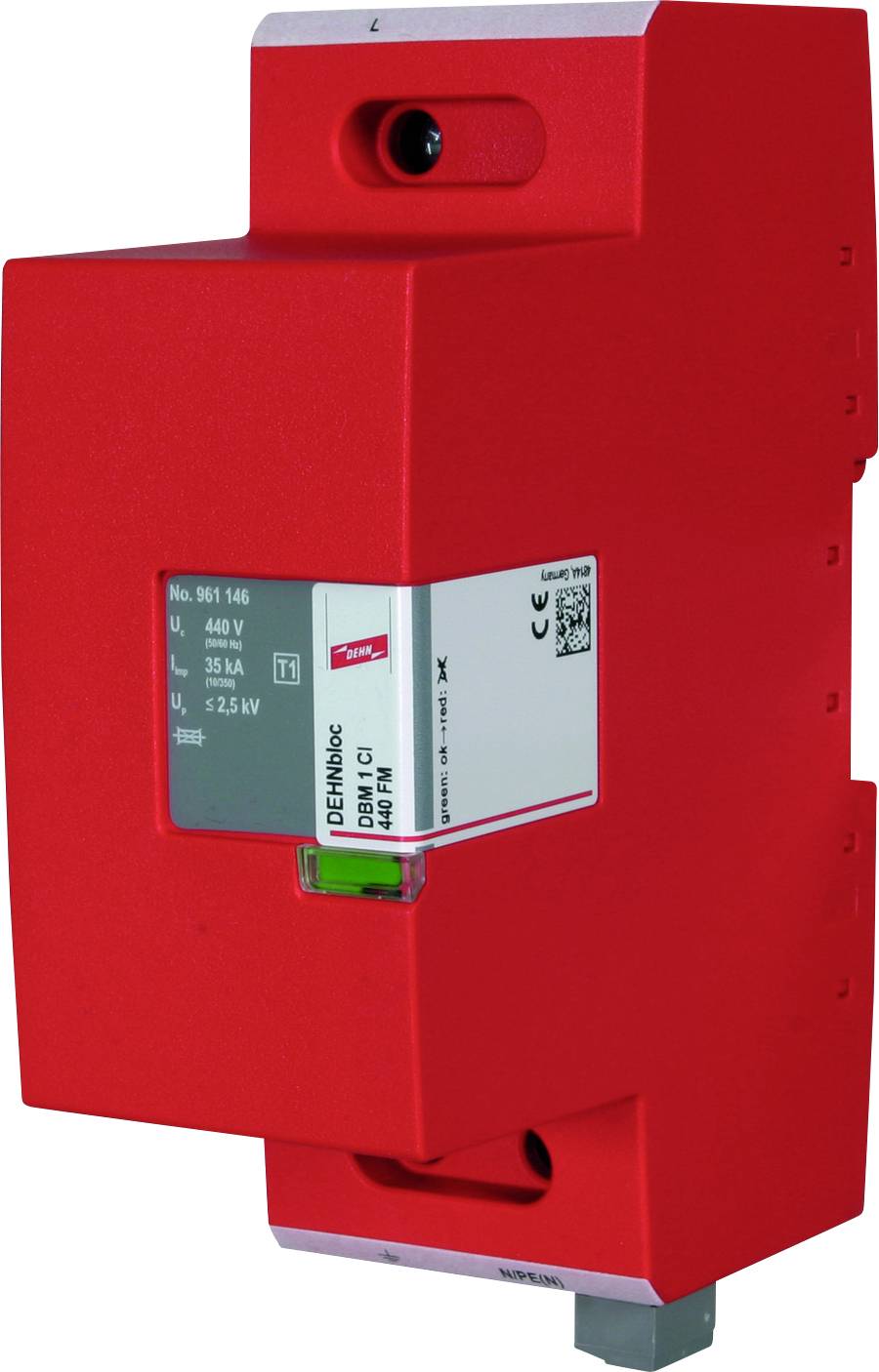 Rött elektriskt brytare för överlastskydd av maskiner, lämplig för 440 V, 35 A, max effekt 25 kW. Innehåller streckkod.