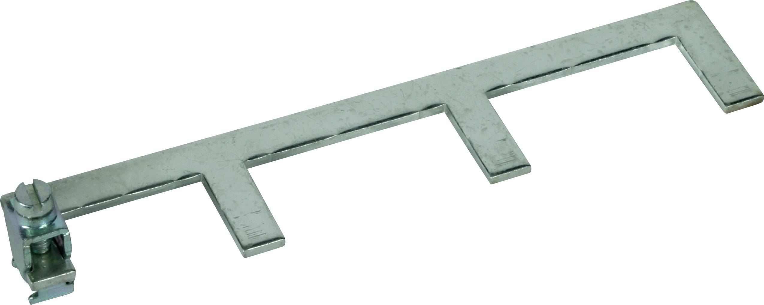 Metallisk förbindningsstång med tre spår och skruvkläm på vänster sida, använd för jordning eller som en del av ett fäste.