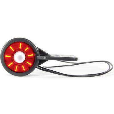 Bakljus på en cykel med rund, röd LED-display och svart hölje, lämplig för bättre synlighet i trafiken.