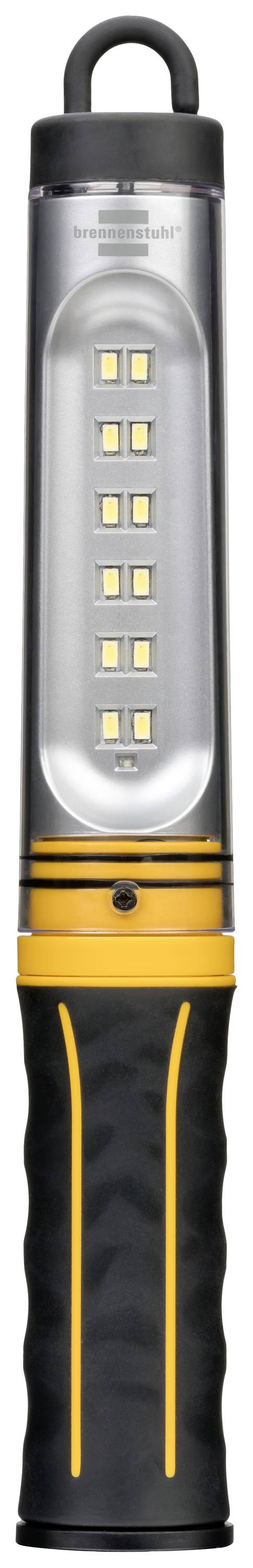 En bärbar LED-arbetslampa med sju LED-lampor, svart och gult hölje, lämplig för verkstäder eller utomhusbruk.