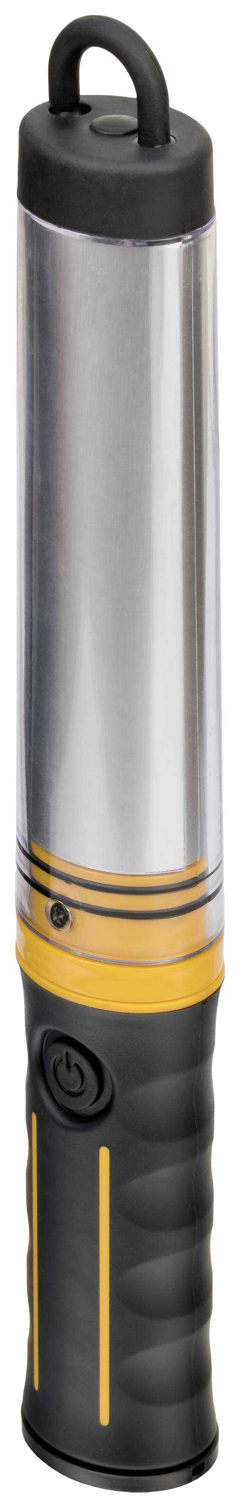 Smidig, cylindrisk ficklampa med svart handtag och silvergrått hölje, gula detaljer, med krok för upphängning på ovansidan.