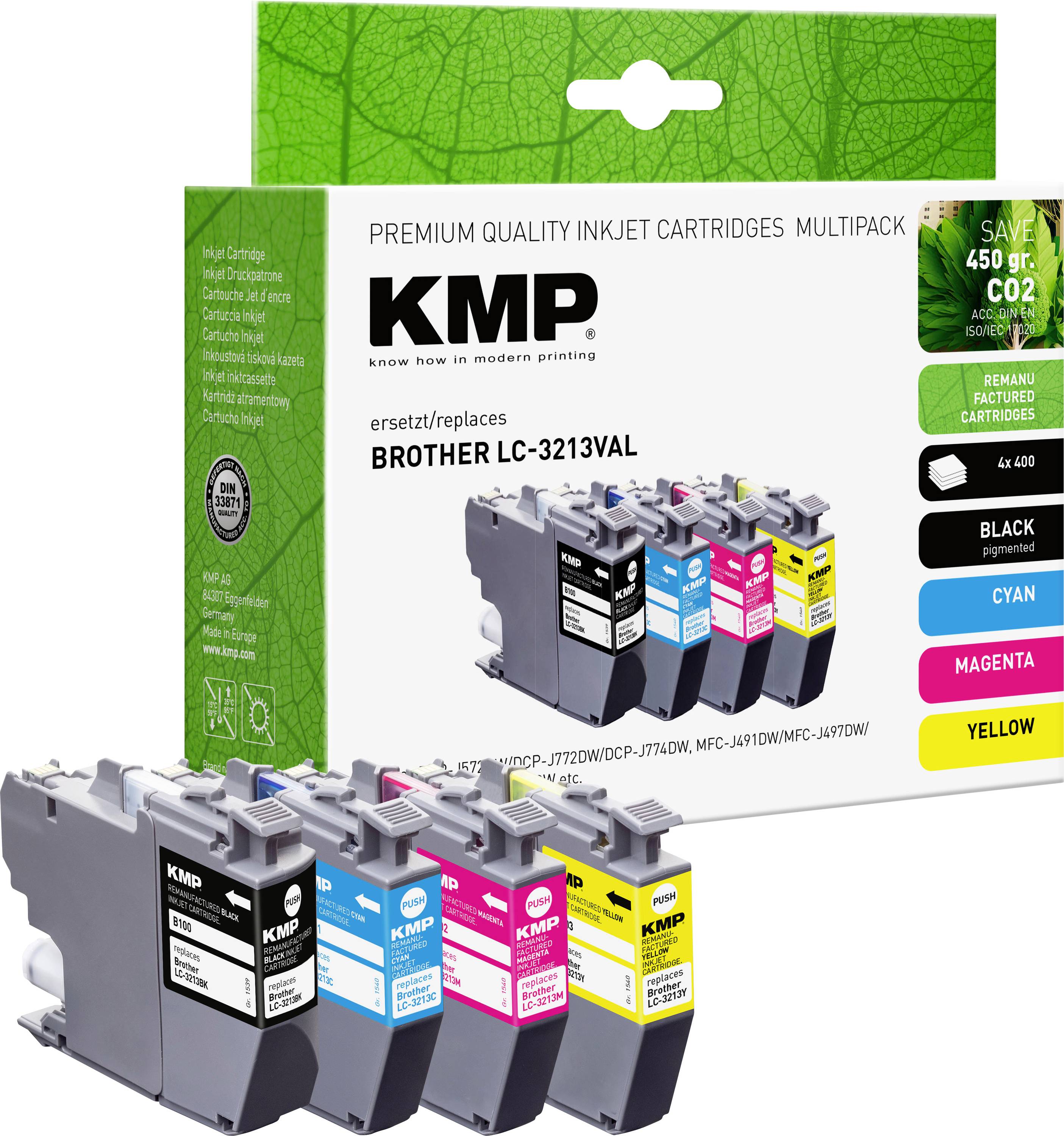 En förpackning med fyra KMP bläckpatroner för Brother-skrivare. Satsen innehåller svart, cyan, magenta och gul. Miljövänlig design.