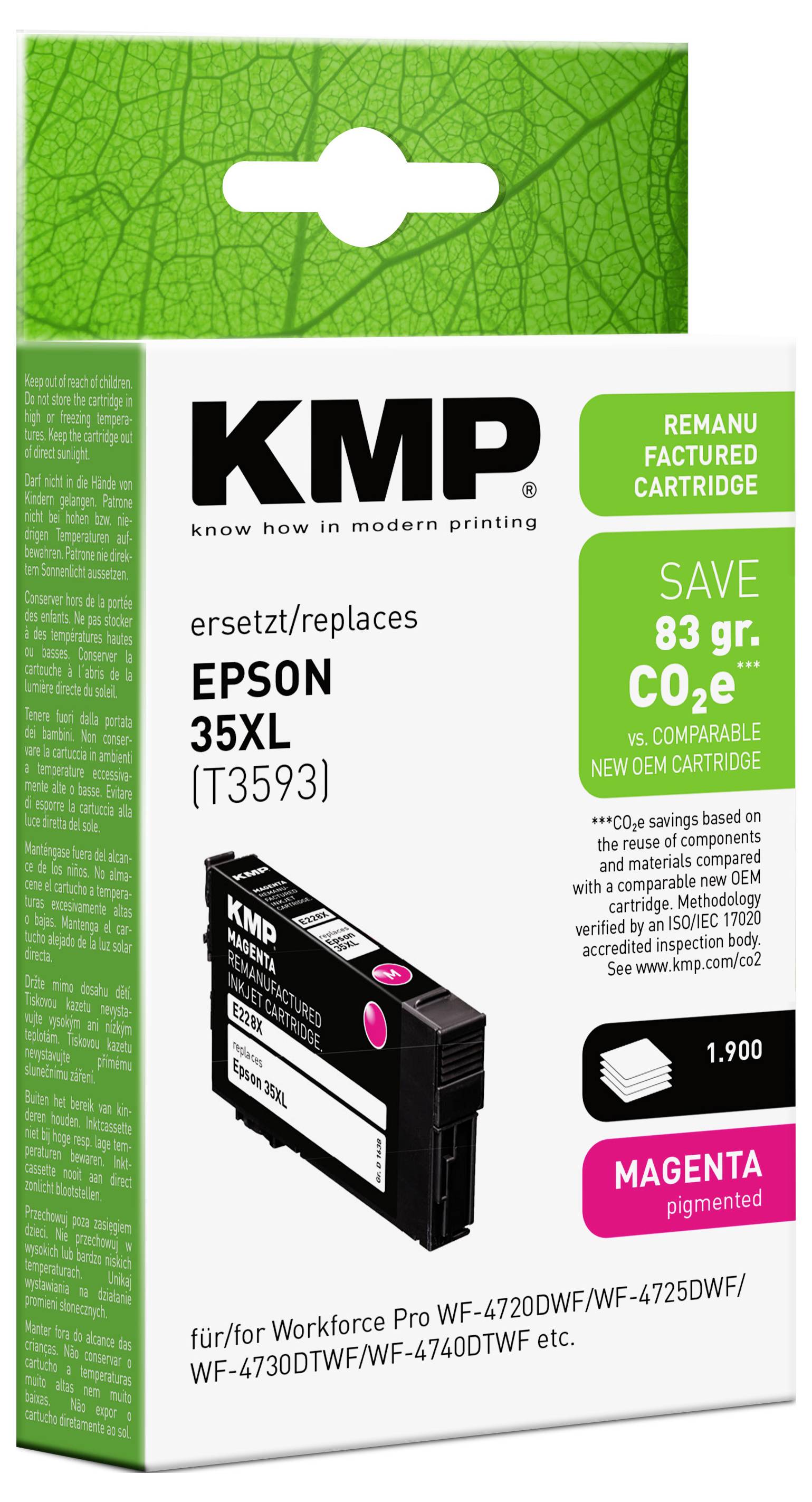 KMP-efterfyllnadsbläckpatron för Epson 35XL (T3593) magenta, visar "spara 83 g CO2e" och kompatibel med WorkForce Pro-skrivare.