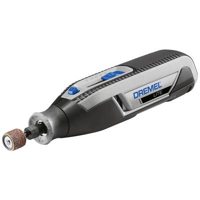 Dremel Lite multifunktionsverktyg med slipbilaga, liggande på vit bakgrund, lämpligt för polering, gravering och slipning.