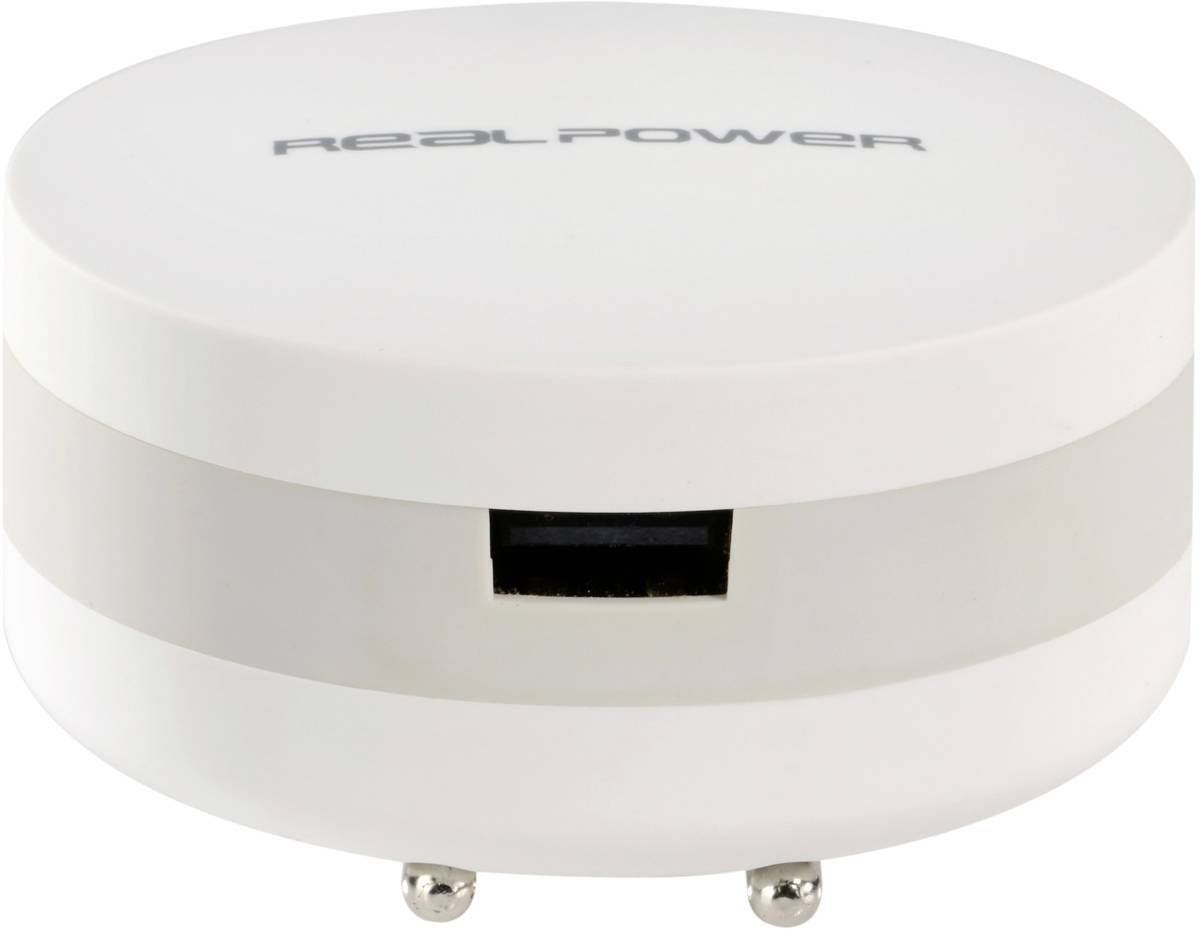 Vit, rund vägguttag med en USB-port i mitten och texten 'RealPower' överst.