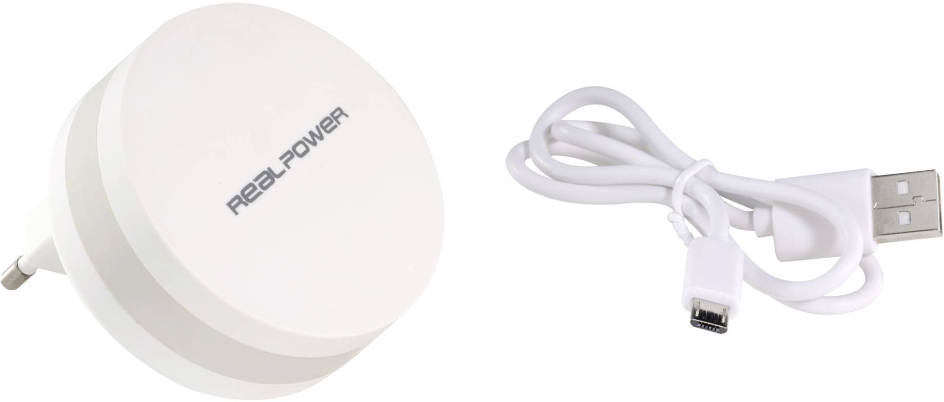 Vitt nätadapter med påskriften 'RealPower' och en tillhörande vit USB-kabel.