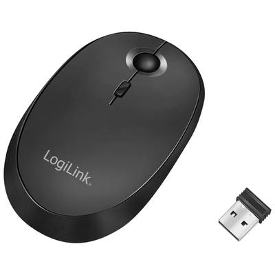 En svart trådlös datormus med en USB-mottagare bredvid.