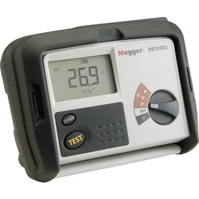 En digital Megger DET4TD2 jordmotståndsmätare med en avläsbar display som visar '26,9 V' och en vred för inställningar.