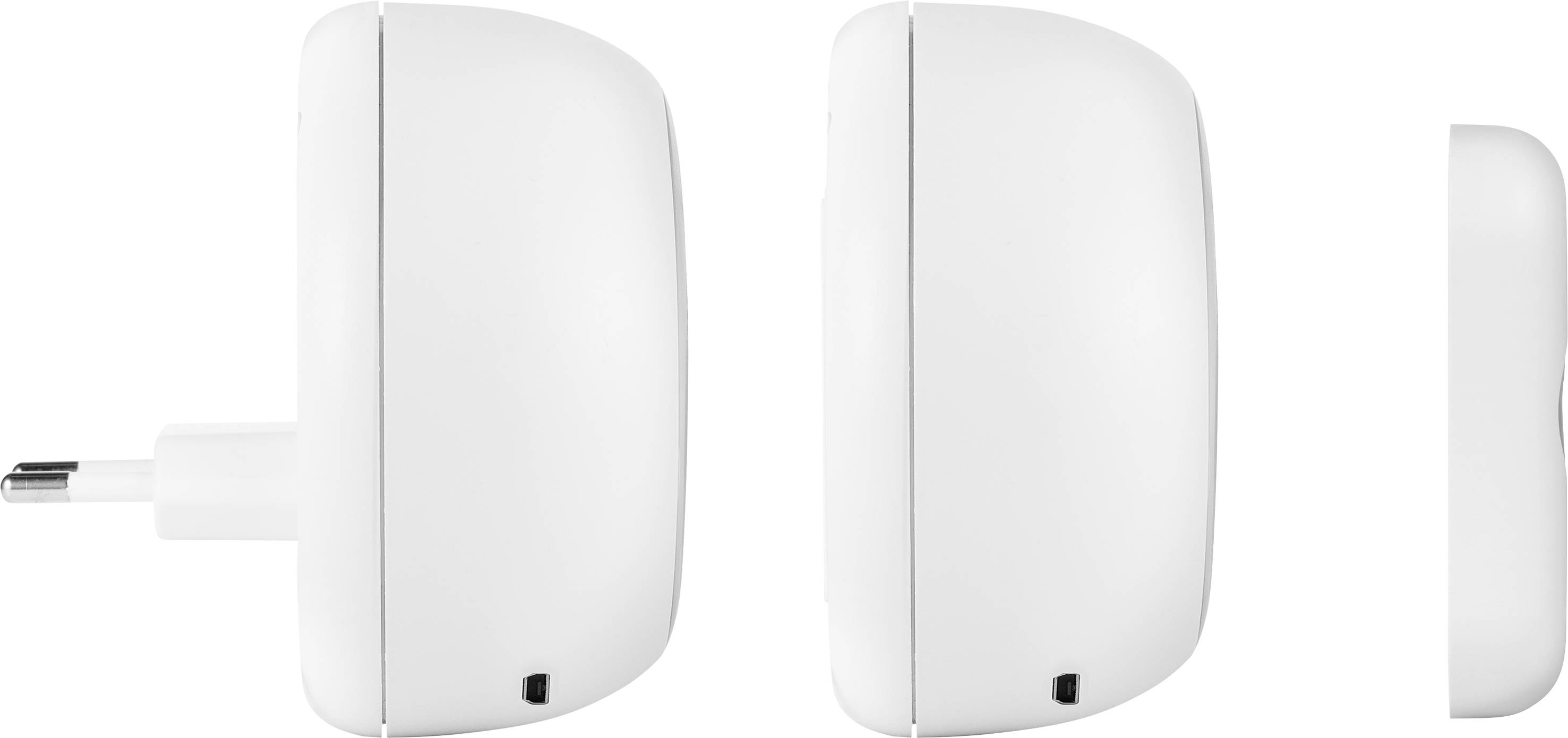 Flera vyer av en vit, rektangulär väggapparat med EU-kontakt och svart knapp. Sido- och frontvy visade.