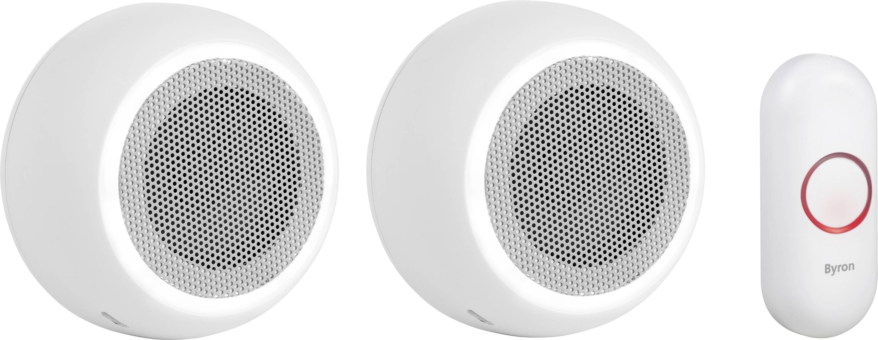 Modern trådlös dörrklocksset bestående av två vita, runda högtalare och en rektangulär ringknapp med röd ring.
