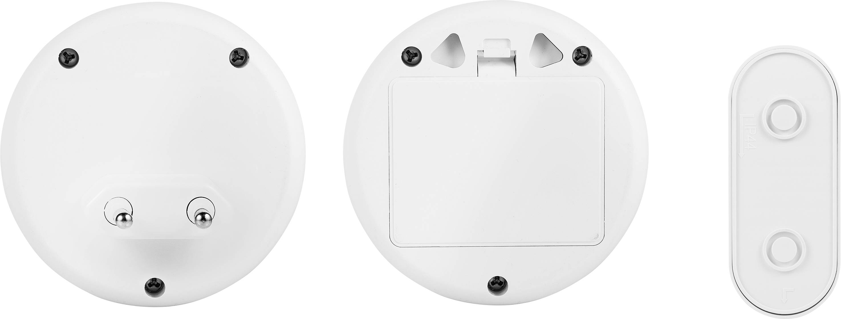 Två runda, vita rökdetektorer sett framifrån och bakifrån, samt en smal, oval fjärrkontroll.