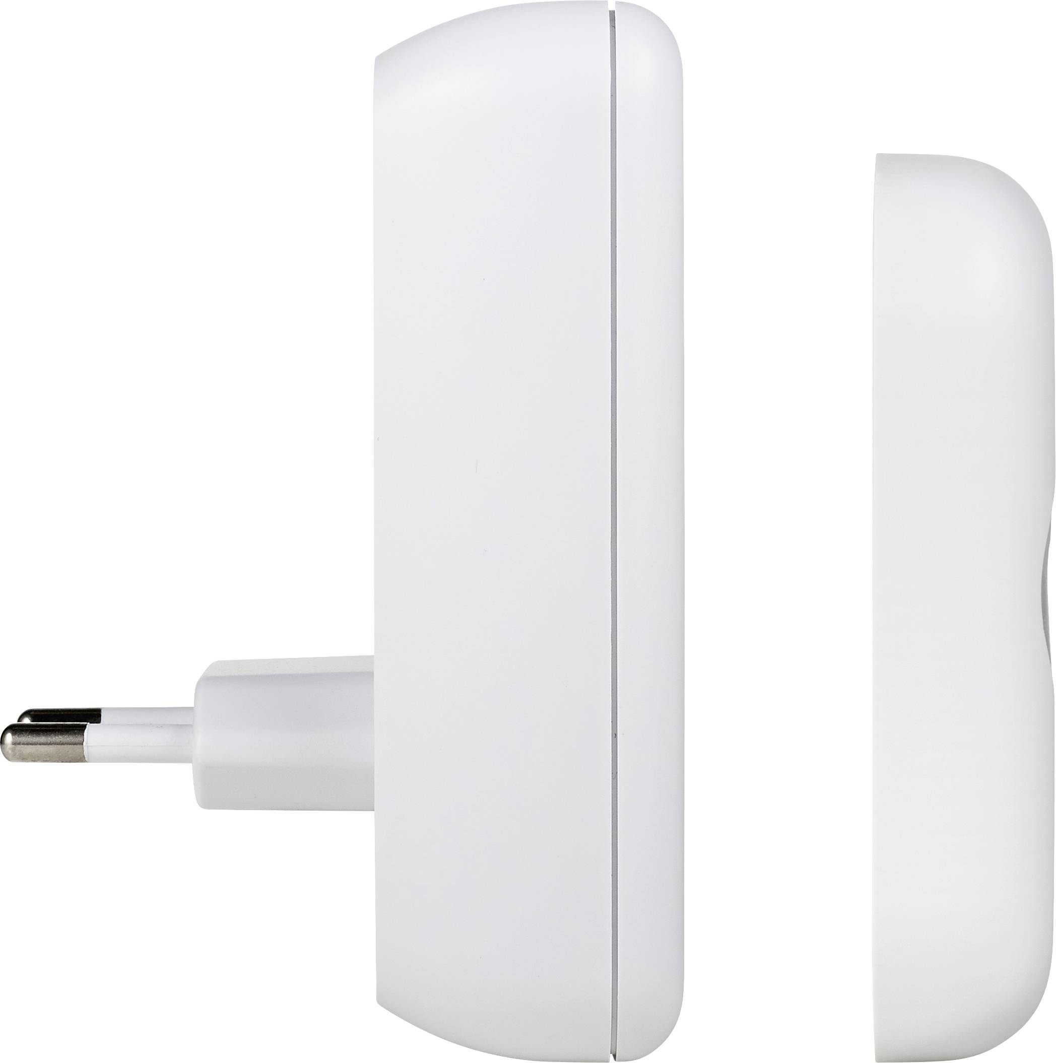 Lateral vy av en vit kontakt med en avtagbar adapter.