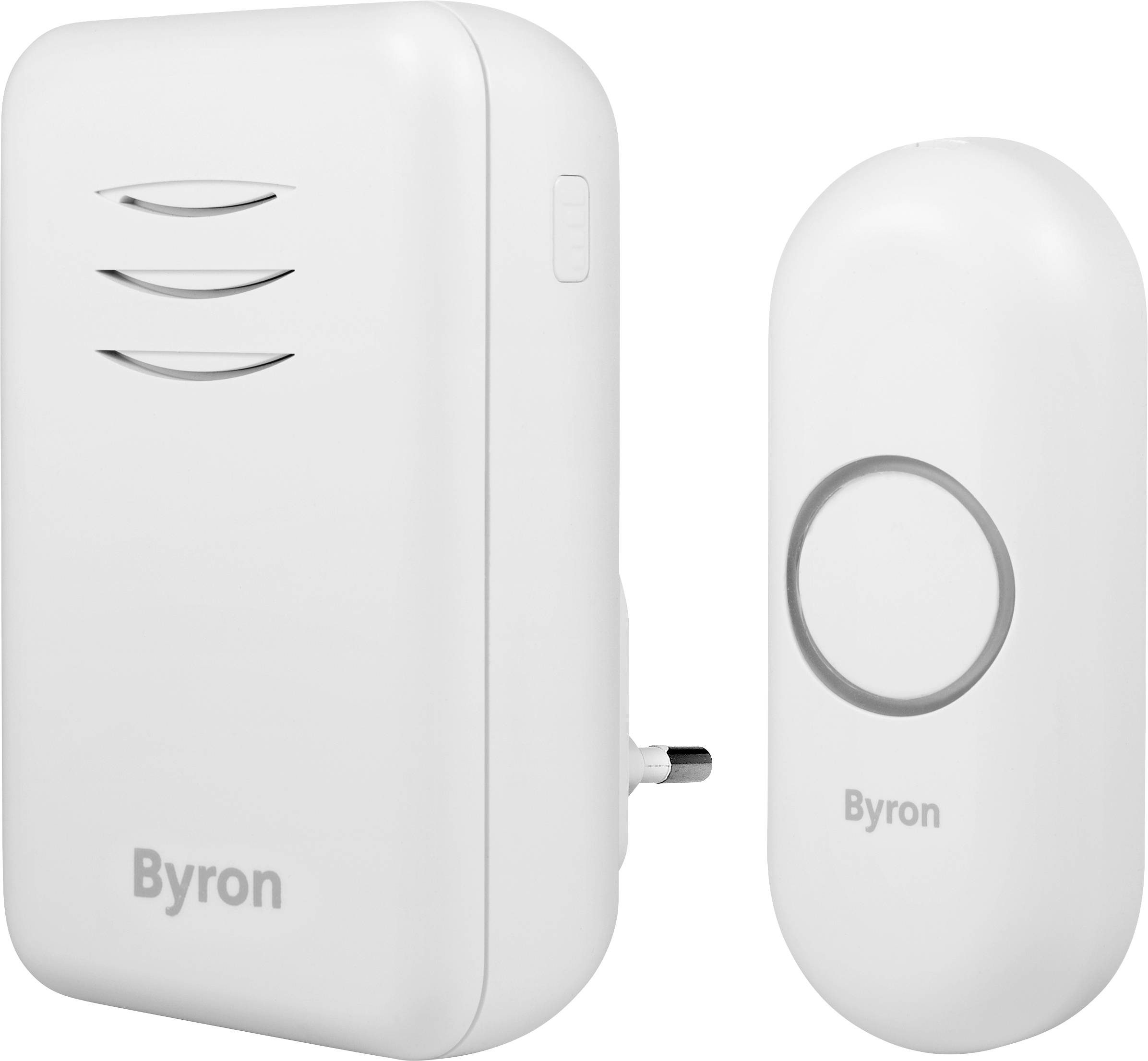 Vit trådlös dörrklocka med rektangulär mottagare och rund trycknapp. Märke 'Byron'. Mottagaren har tre ventilationsöppningar.