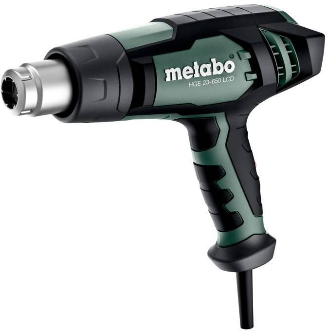 Svart och grön värmepistol från Metabo med munstycke, märkt "HGE 23-650 LCD".