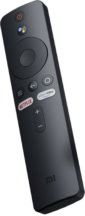 En svart fjärrkontroll med knappar för 'Netflix' och 'Prime Video', volymreglage, navigeringsfält och strömbrytare.