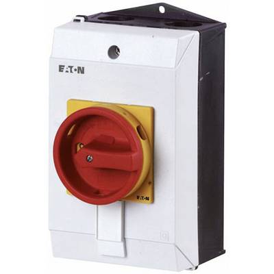 En röd vridströmställare på ett rektangulärt hölje, med 'EATON'-logotyp. Den används för att styra elektriska apparater eller maskiner.