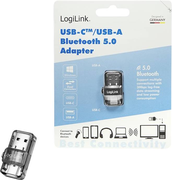 Förpackning för en LogiLink USB-C/USB-A Bluetooth 5.0 Adapter. Funktioner: Enhetsanslutning, låg strömförbrukning, lämplig för datorer.