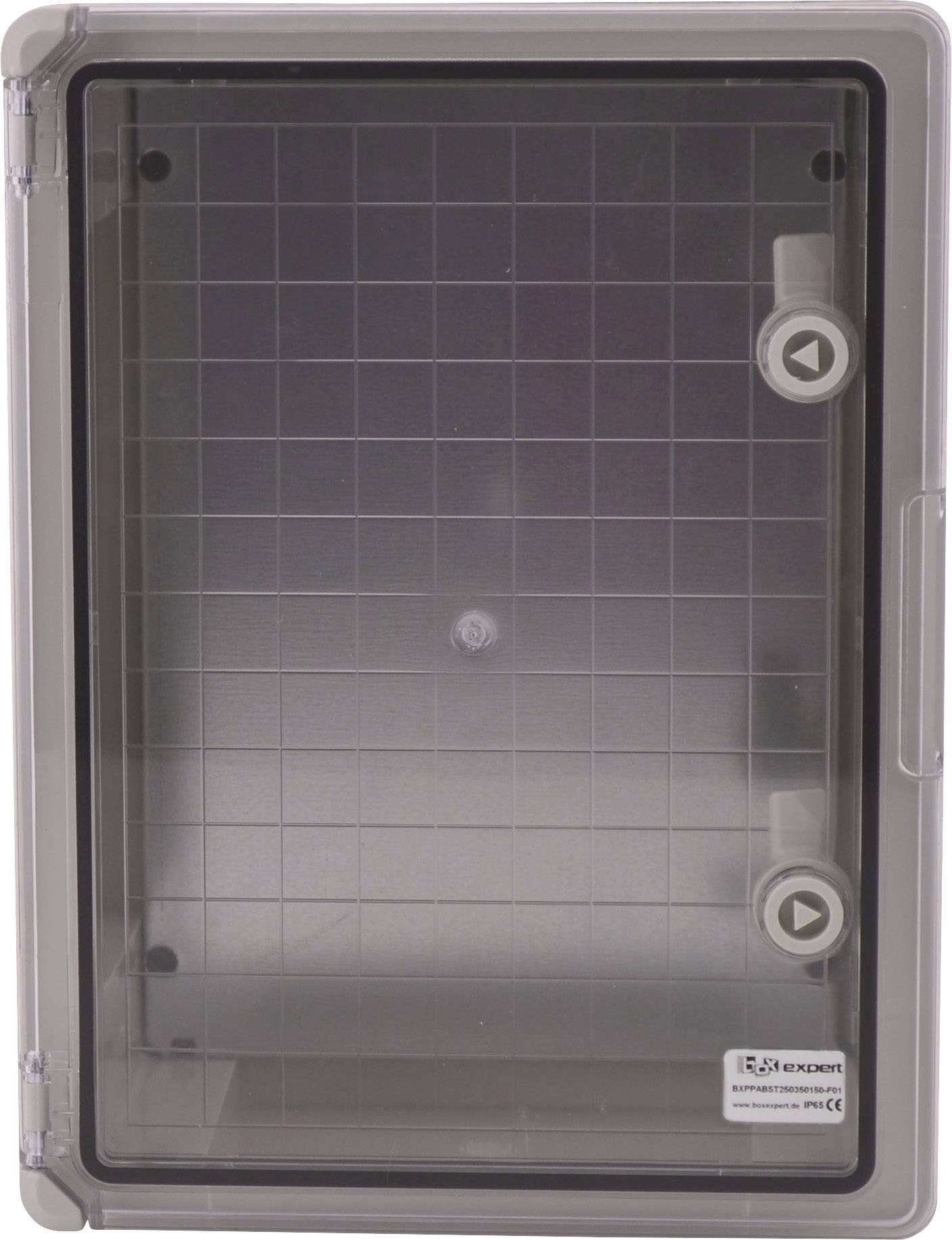 Plastfodral med transparent lock och synlig låsmekanism, lämplig för elektroniska installationer inomhus.