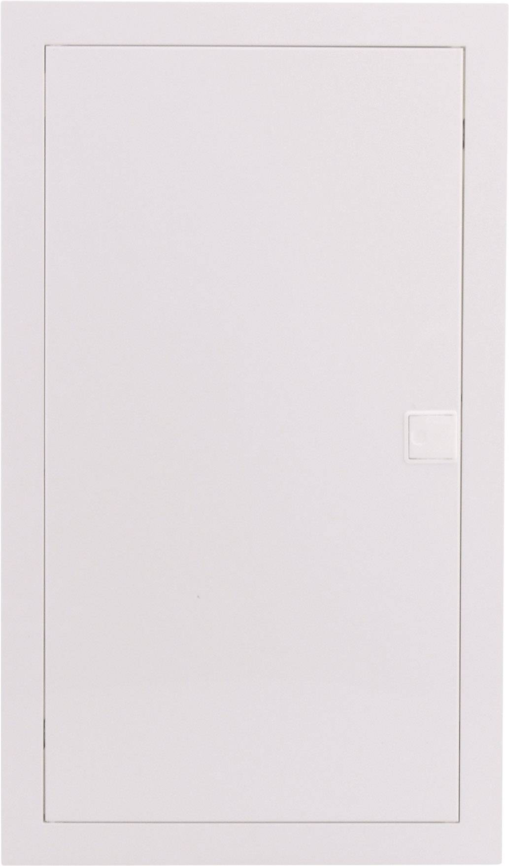 Vit vägg med rektangulär, diskret dörr utan synlig handtag eller dekorationer.