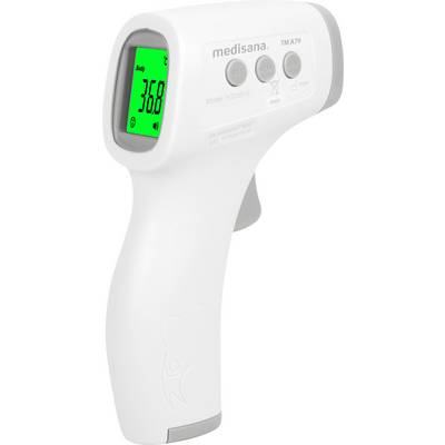 Ett infraröd febertermometer visar en kroppsteperatur på 36,8°C på en grön display. Den har en ergonomisk design.